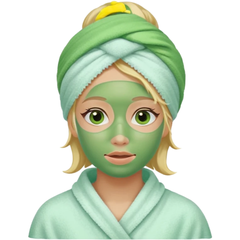 Chica rubia con mascarilla verde y una tualla de baño en la cabeza emoji