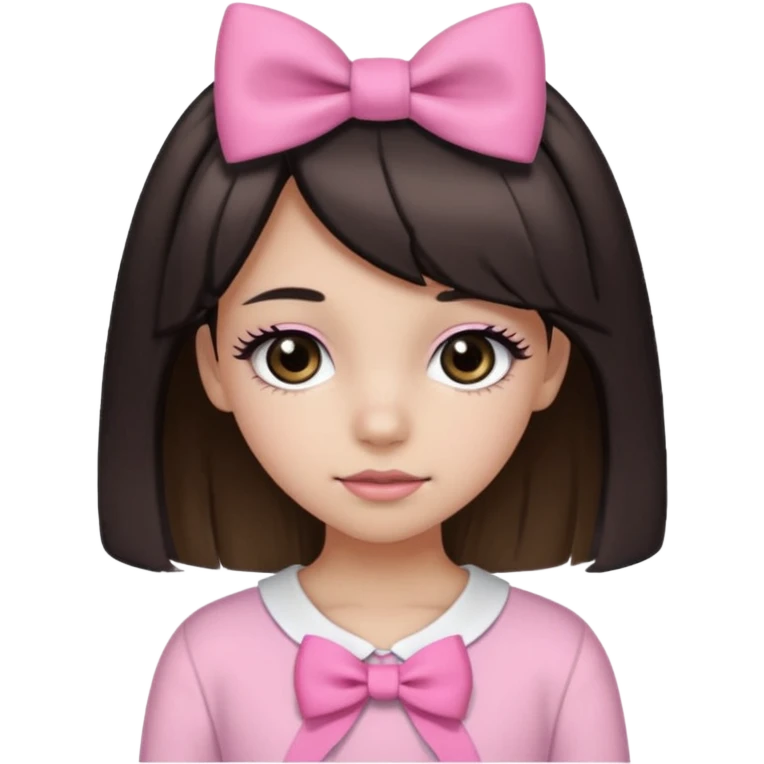 a 13 year old girl with black and brown hair with blond highlights. pink bows and pink outfit with long eyelashes and black eyes emoji