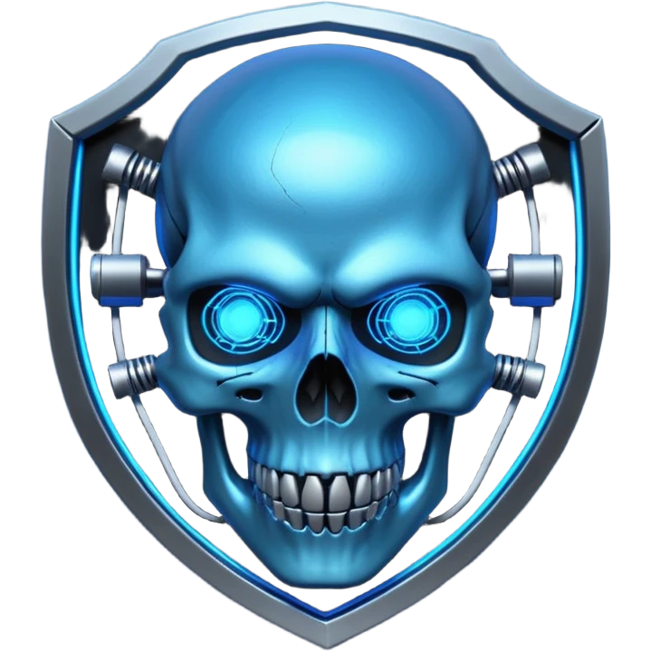 Cyberpunk shield, skull with cybernetic implants, glowing wires, dark electric blue and black tones, no background emoji