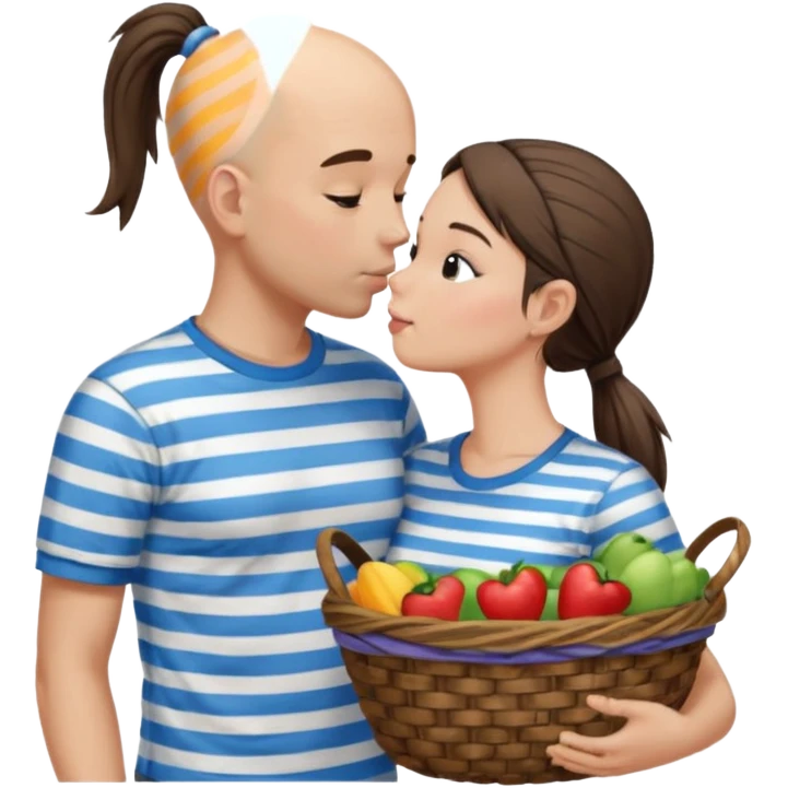 Bald boy with basket t-shirt kissing a brunette girl with a ponytail with a striped shirt emoji