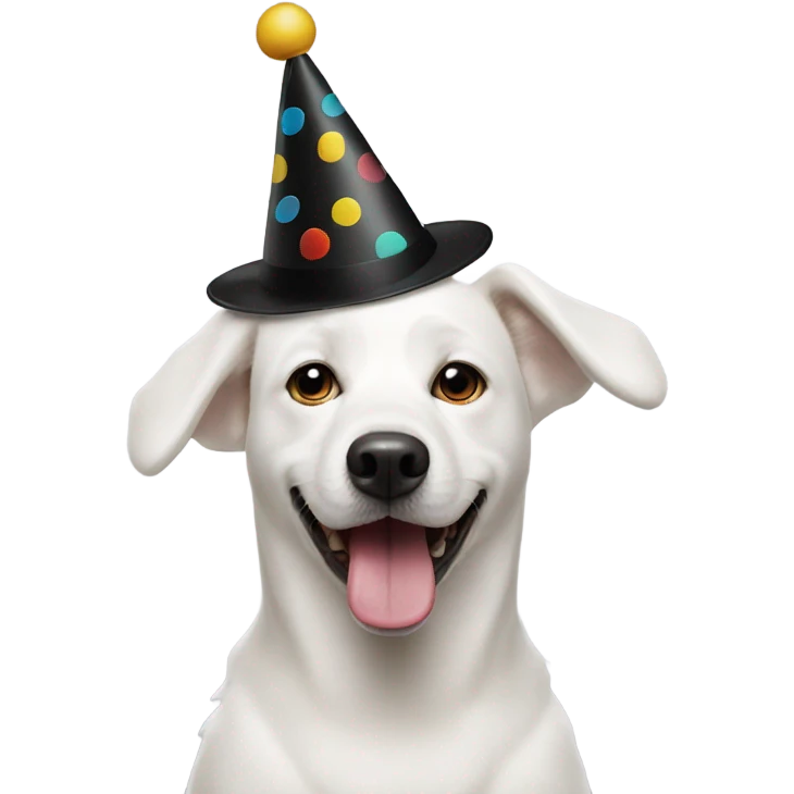 White dog with black spot eye with a birthday hat emoji