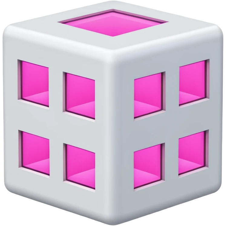 Сделай русскую панельку белого цвета. Она должна быть в виде куба, а также с окнами 3 на 3 на каждом фасаде. Некоторые окна неоново-розовые. Сверху окна нет emoji