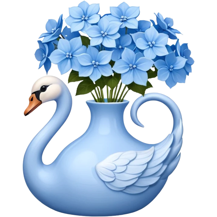 Light blue swan shaped vase with blue flowers in it emoji