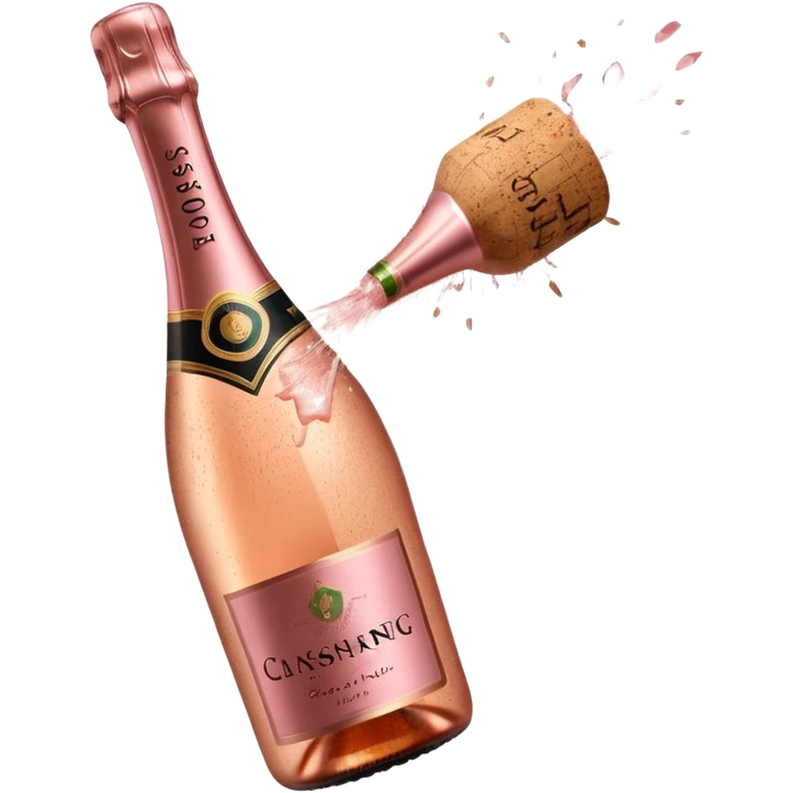 bottle of sparkling rosé champagne with a rose logo on the label, with a cork exploding out from the top, tilted up and to the left, no glass emoji