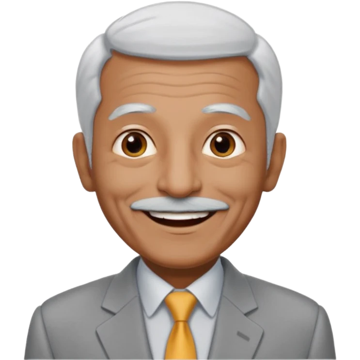 70 yr old man, very short & thin white hair, pakistani, light grey business suit, big smile, dark skin, no facial hair
 emoji