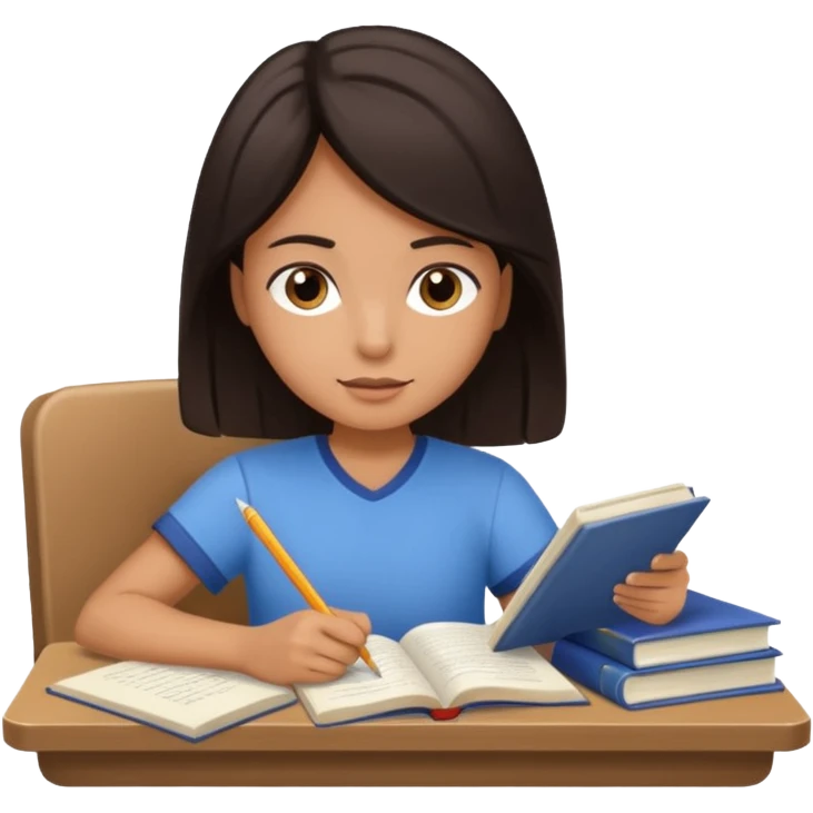 A student with dark hair is reading a book and taking notes in a notebook. There are also papers and textbooks on the table. emoji
