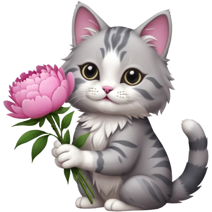 Cute cat Handing pink peonies like reaching a hand and handing them out a bouquet of them not a physical hand the cats hand  make the cat fluffy and grey and white fluffier fluffier  emoji