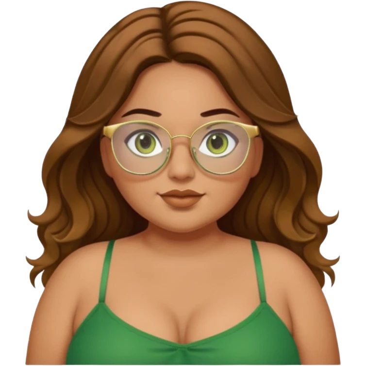 Baddie bratz girl with middle parted long wavy brown hair. green eyes. Plus size. Green spaghetti strap top. Gold glasses emoji