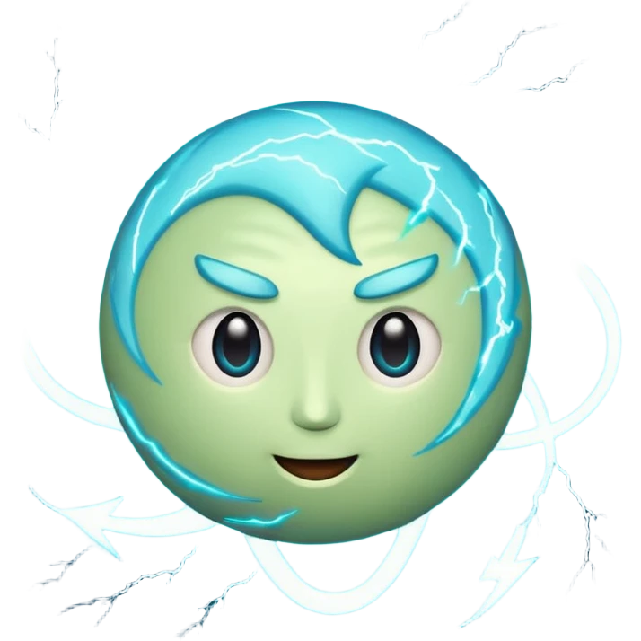 Uranus emoji in Apple style with a playful, eccentric face, blue-green planet, swirling rings, lightning effects, representing electric, unexpected change emoji