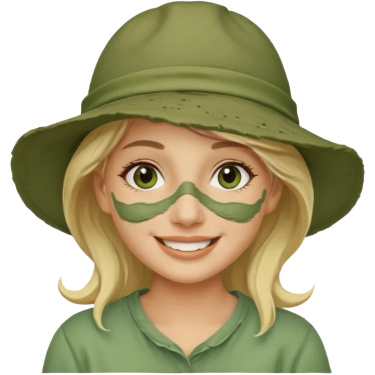 messy green clay mask and tourist hat blond braided woman big eyes smiling and clay mask on face emoji
