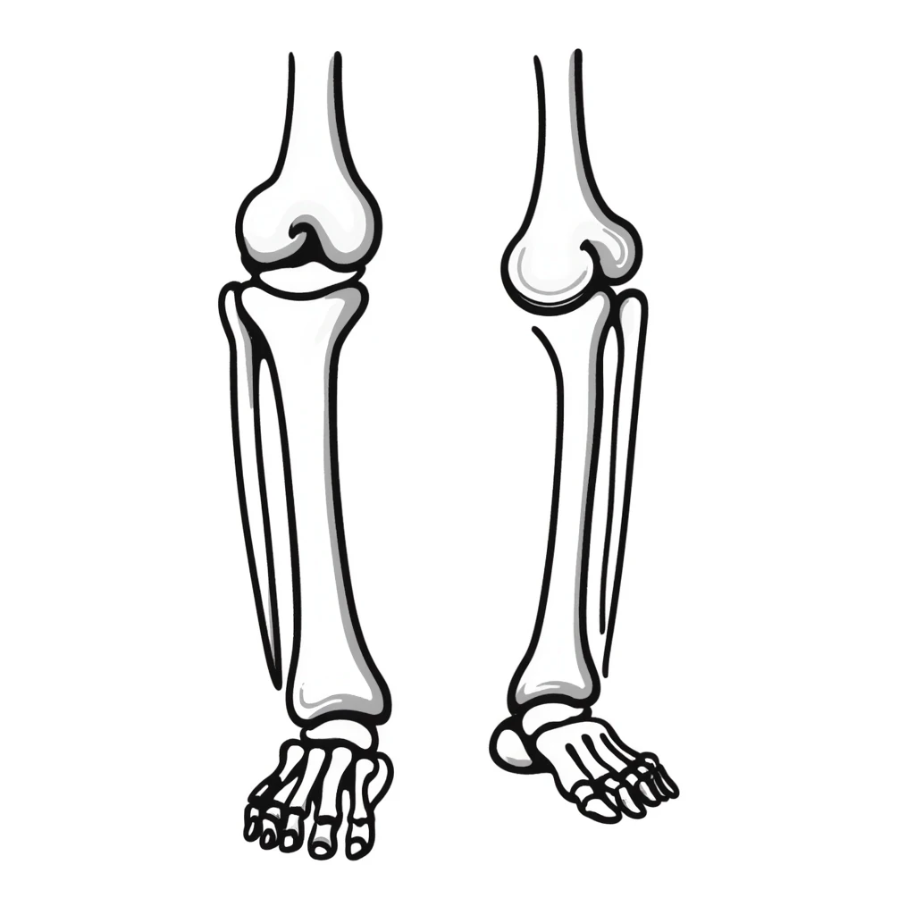 anatomical drawing of knee bones showing patella, femur, tibia, and fibula with labels emoji