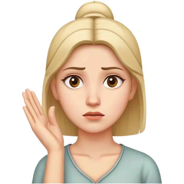 Woman with one hand near temple, tilted head and confused expression emoji