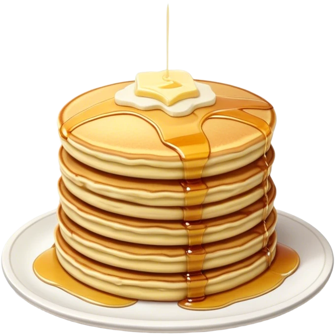 Cinematic fluffy golden pancakes, stacked high, drizzled with maple syrup, topped with fresh butter melting on top, light dusting of powdered sugar, warm and inviting, soft glow and mouthwatering. emoji