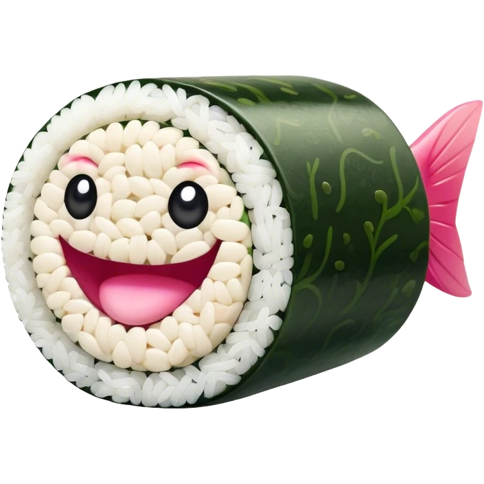 Cute Kawaii Maki Sushi Roll, small and round, wrapped in soft dark green seaweed, tiny grains of rice peeking out, a bright pink fish filling, a cheerful smiling face! emoji