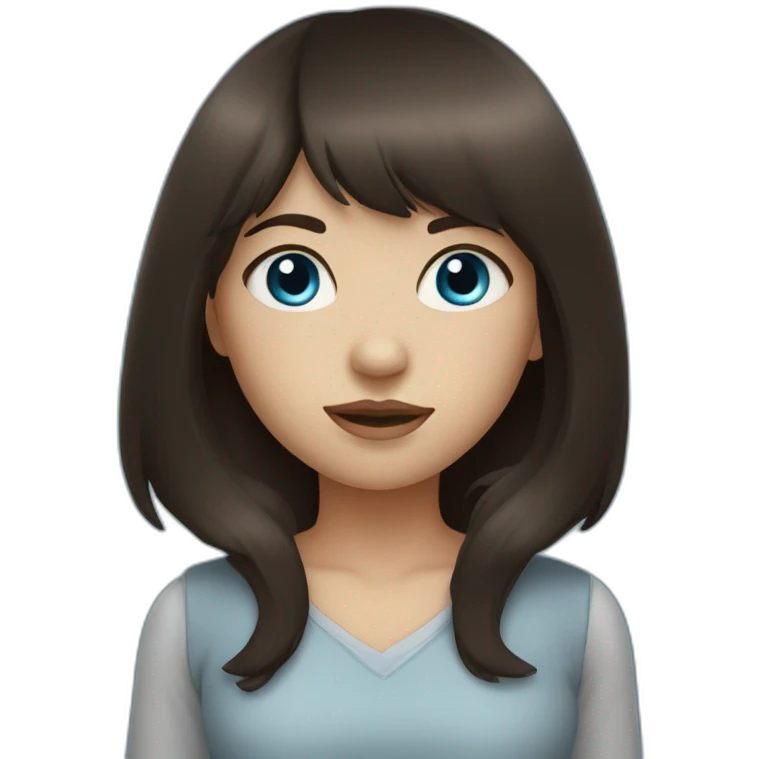 girl with dark brown hair, thick bangs, blue eyes emoji