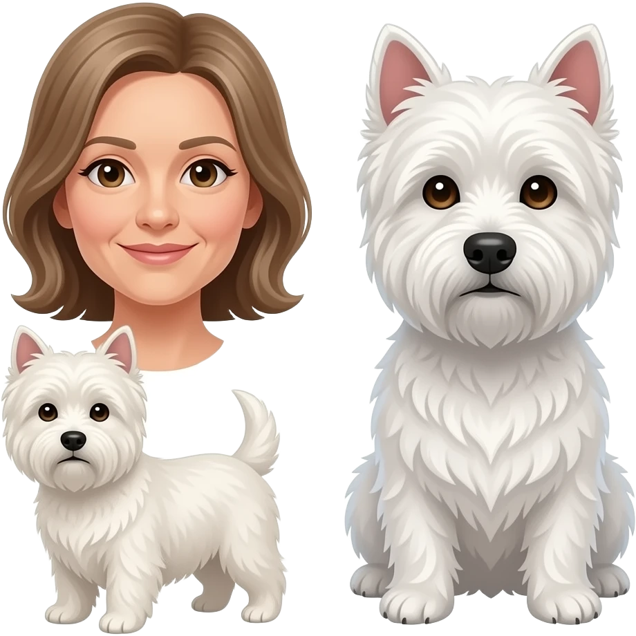 Middle age woman brown eyes , shoulder length light brown hair, with a female westie and a male westie emoji