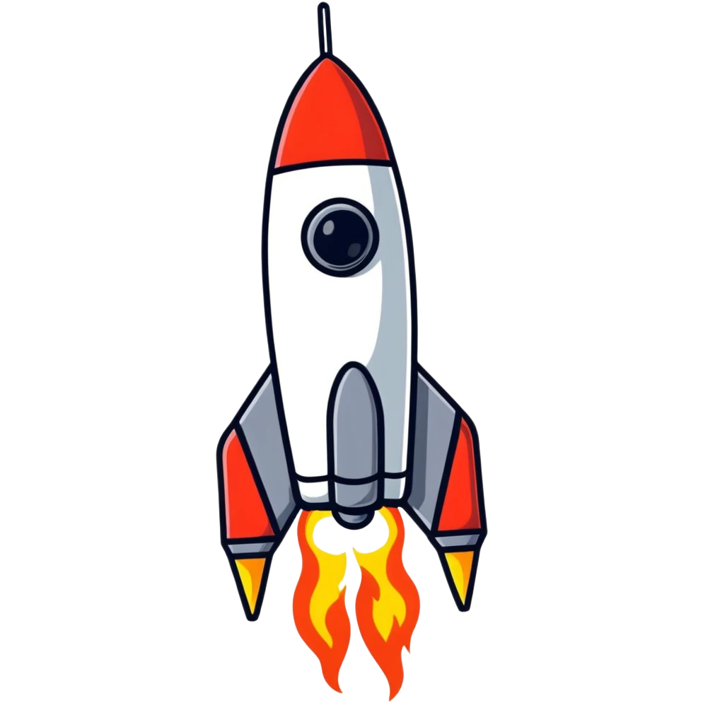 Mini spaceship blasting off with fire emoji