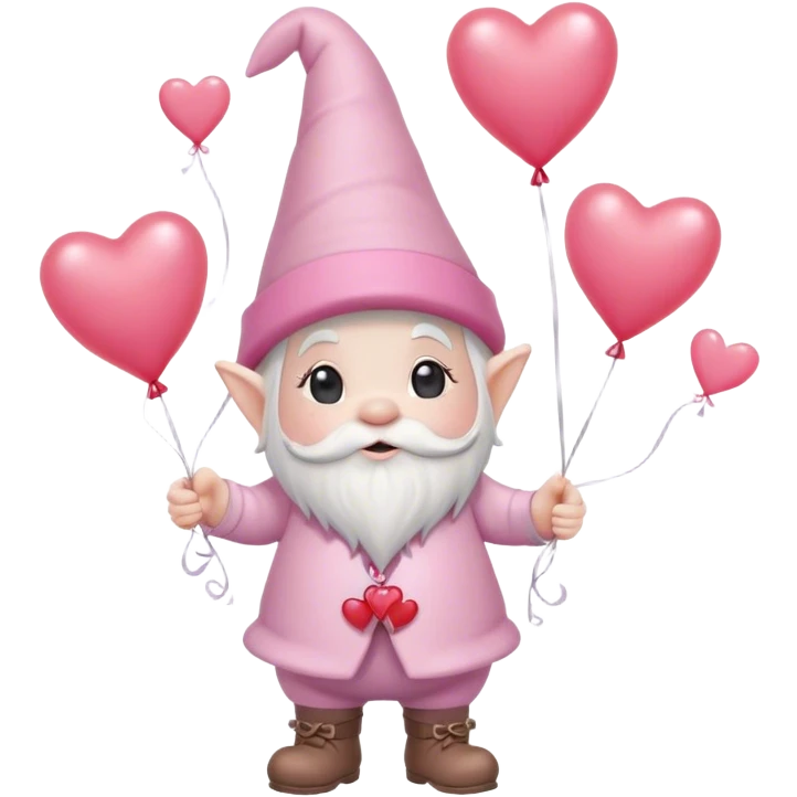 An adorable little pale pink Valentine’s Day style gnome holding balloons with hearts floating in the background emoji