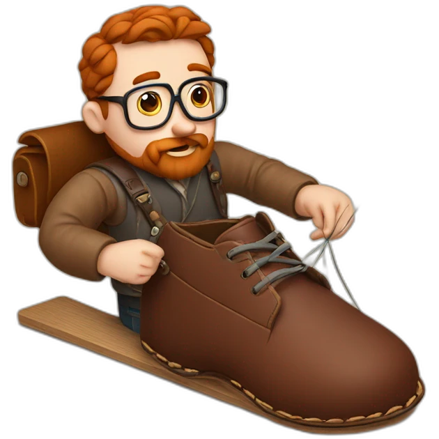 Red smooth haired man with beard and glasses hand sewing a leather saddle with needle and thread emoji