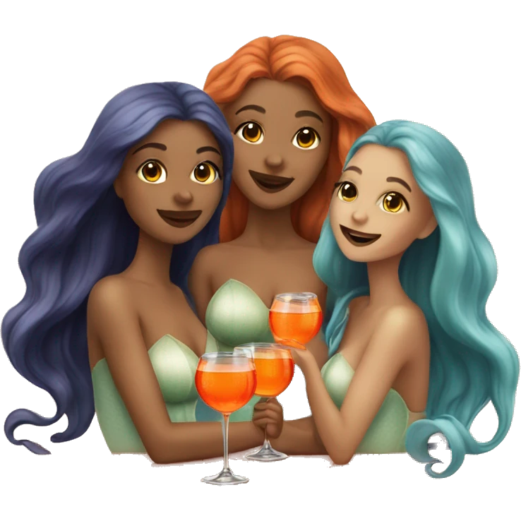 Three beautiful mermaids (light skin) drinking aperol emoji