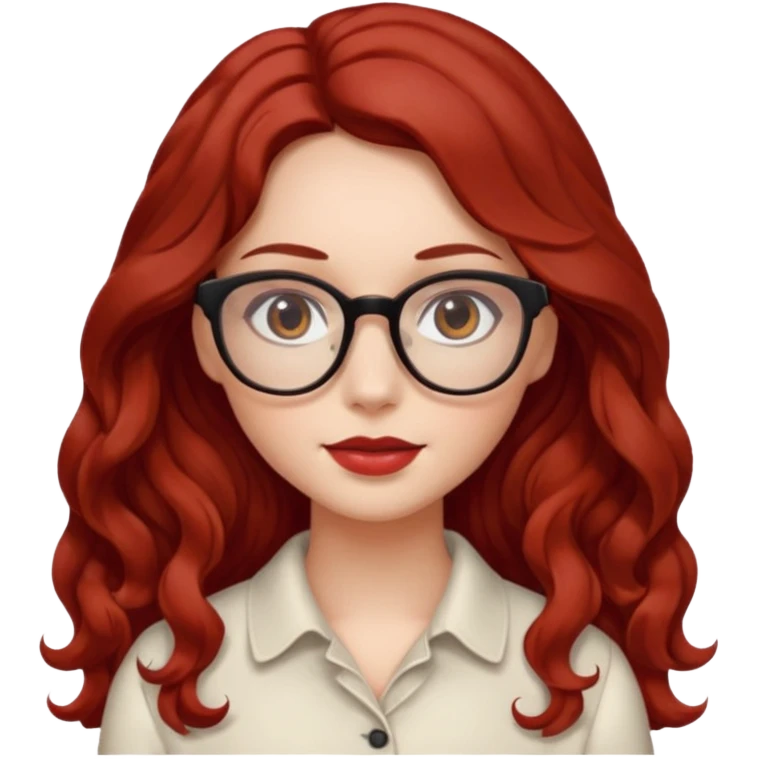 ABeautiful girl, red hair,wavy hair，long hair,Black eyes,Chinese con lentes color ojos cafe oscuro emoji