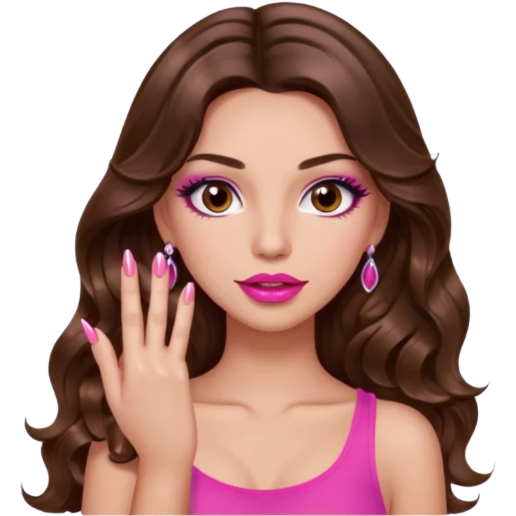 girl with long wavy brown hair, brown eyes, light to medium complexion, in a pink sexy top, pink lips, long lashes, puckered lips, showing my manicure one hand 5 fingers emoji