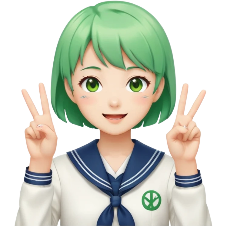Energetic anime girl with short green hair wearing Japanese sailor style school uniform, winking and making double peace signs, very cheerful and bubbly, kawaii style emoji