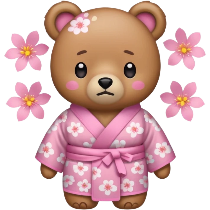 A cute light-brown bear wearing a pastel pink sakura-patterned kimono, normal balanced body ratio.  
Tears pooling under the eyes and softly streaming down cheeks, sad trembling mouth and droopy ears.  
Kawaii emoji style, minimalistic clean sticker illustration, white background. emoji