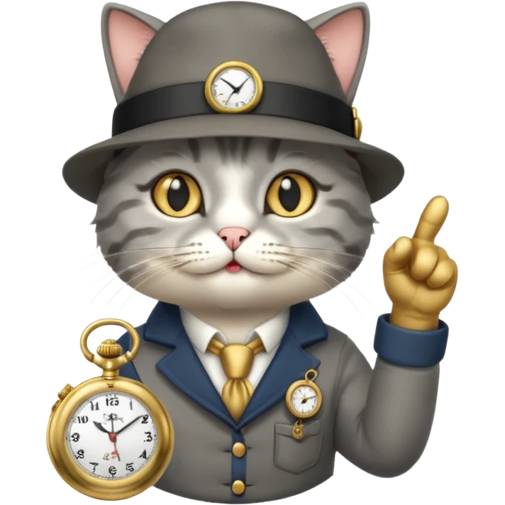Chess cat pointing at a pocket watch wearing a hat emoji