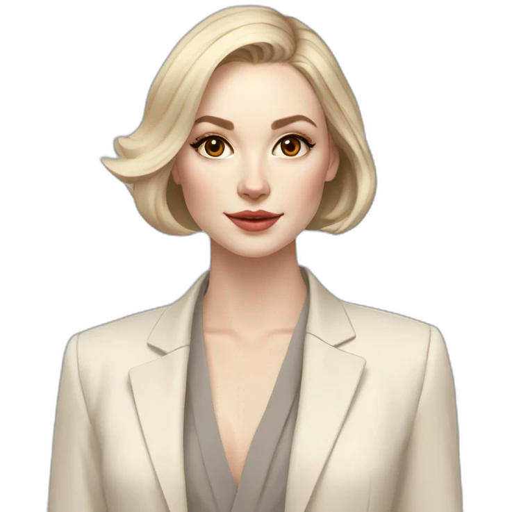pale skin woman with ash blonde Straightened bob Hair, White Spacious classical jacket, beige palazzo Arrow pants and gray blouse holding a color palettes in the hands emoji