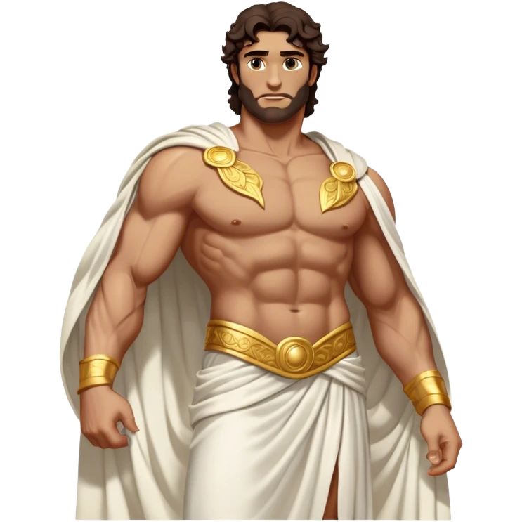Cinematic Realistic Hercules Portrait, depicted as a classical Greek statue with a robust, muscular build and perfectly chiseled features. His bronze, sun-kissed skin has a timeless, marble-like quality, and his thick, wavy dark hair frames a face exuding determination and quiet nobility. Draped in a flowing white robe with subtle golden accents, the portrait is rendered under dynamic natural lighting that highlights every sculpted detail and evokes the majesty of ancient myth. emoji