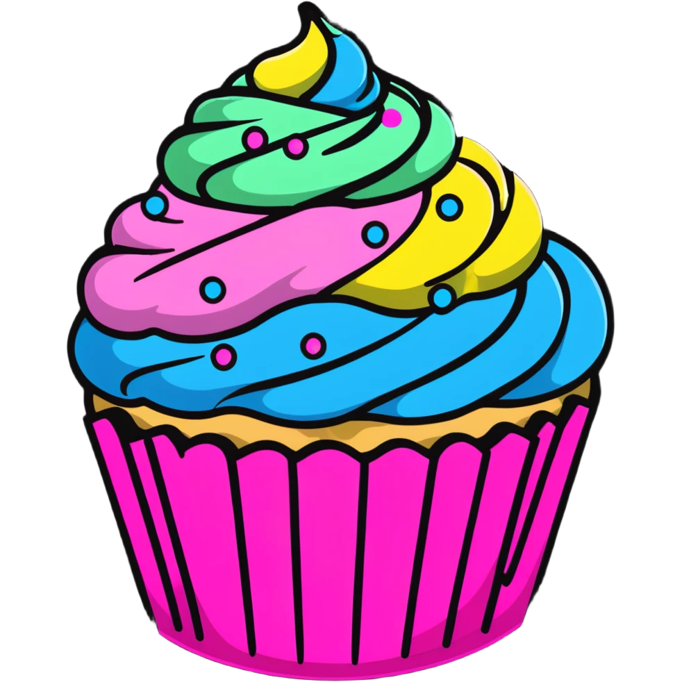 cupcake with swirled pink icing and rainbow sprinkles emoji