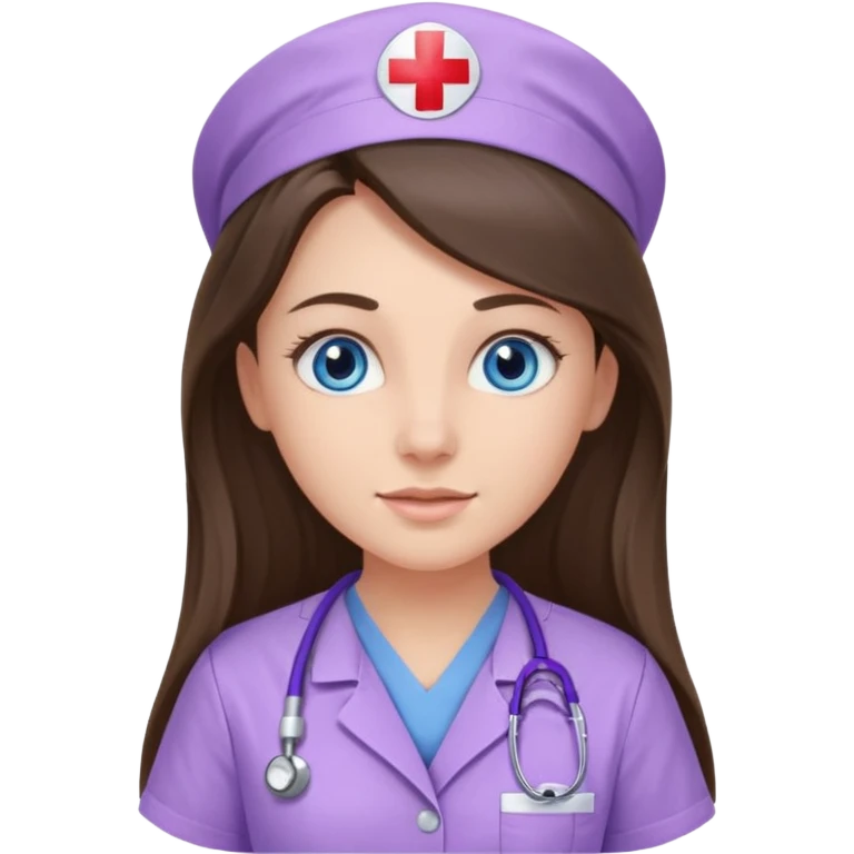 pretty brunette nurse with long hair and blue eyes in lilac scrubs emoji