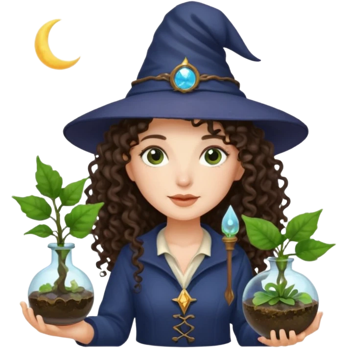 A long curly haired brunette girl with a moon witch hat, and a plant wand or plant potion terrarium emoji