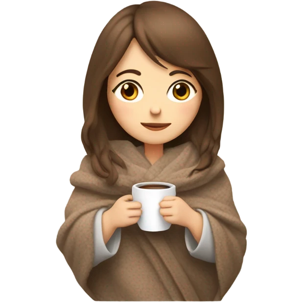 White brunette girl with bangs inside a blanket sipping coffee eyes closed emoji