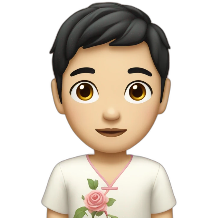 Asian boy, with black hair wearing a white dress with a rose pattern emoji