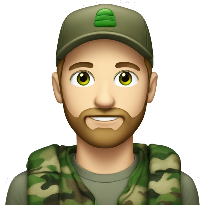 an attractive young white man with green eyes wearing a camo hat and a nicely trimmed beard emoji
