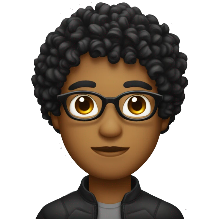 chico con cabello rizado negro, ojos oscuros, piel morena y que use lentes emoji