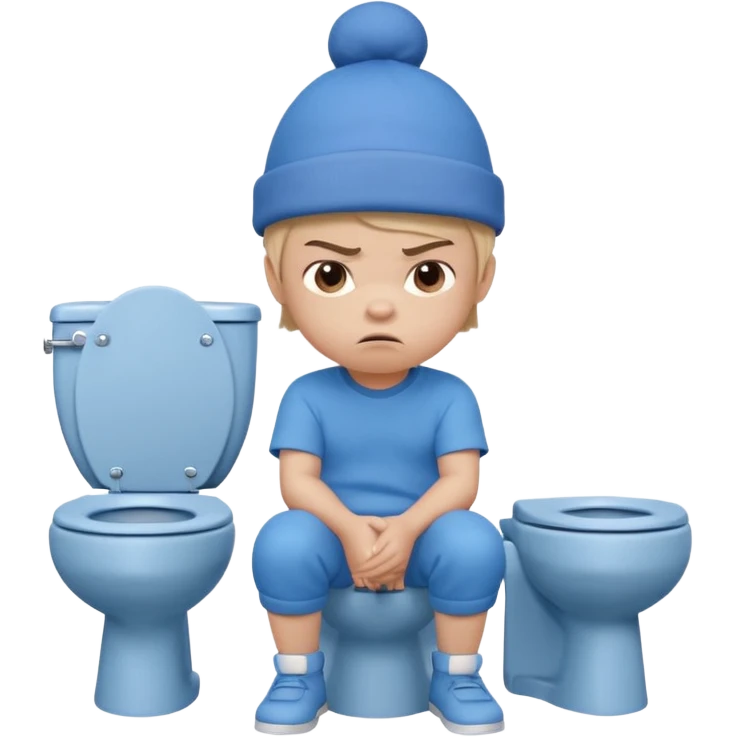 3D cartoon child with a slightly different face, wearing the same style blue hat and blue outfit, sitting on a toilet, angry expression, arms crossed, pastel children’s animation style." emoji