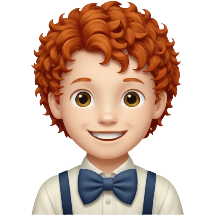 redhead kid with unique face features and very curly hair kid boy happy and braces on teeth, wearing a bow on head emoji
