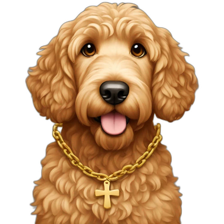 Light Brown golden doodle with cross chain emoji