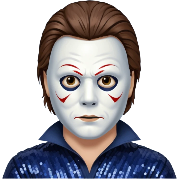 Michael Myers with white mask with brown hair, dark indigo sequin outfit  emoji