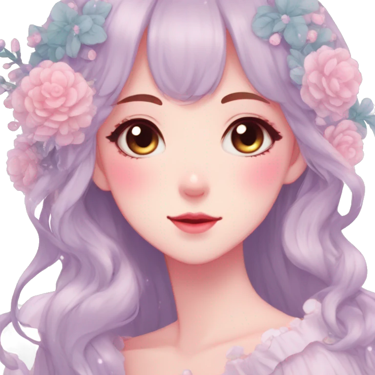 Gorgeous pastel anime style lady with blushing face and flowers cottagecore fairycore pastelcore colorful pearly romantic simplistic aesthetic trending style emoji