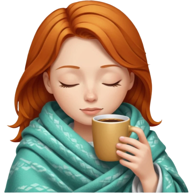 girl with ginger hair inside a blanket sipping coffee eyes closed emoji