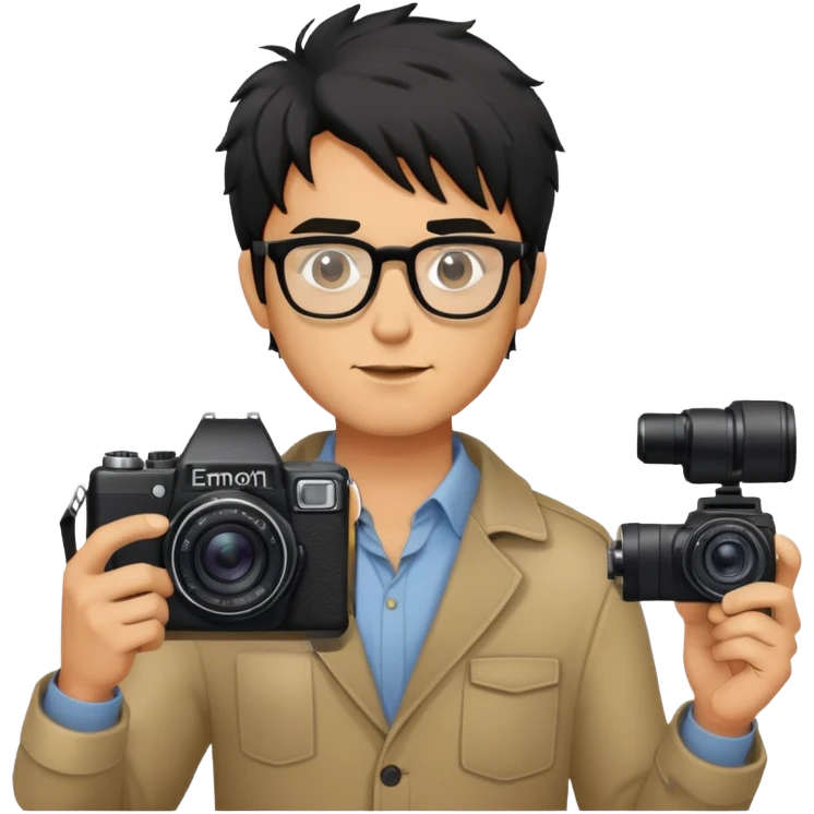 a man with black messy hair with one camera taking a photo emoji