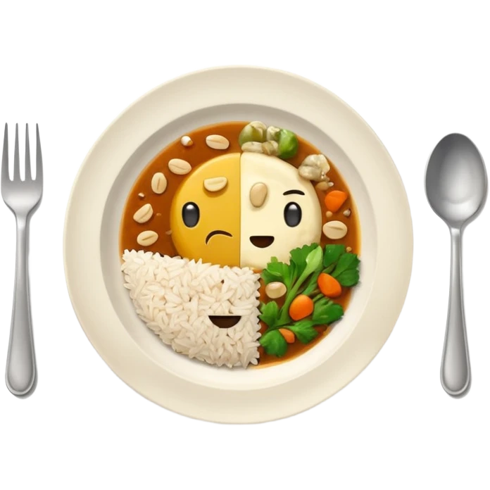  dirty plate after eating, leftover food scraps, vegetable pieces, rice grains, sauce stains on the plate, fork and spoon placed beside the platerealistic food leftovers, clean and simple background, soft lighting, high quality, emoji style emoji