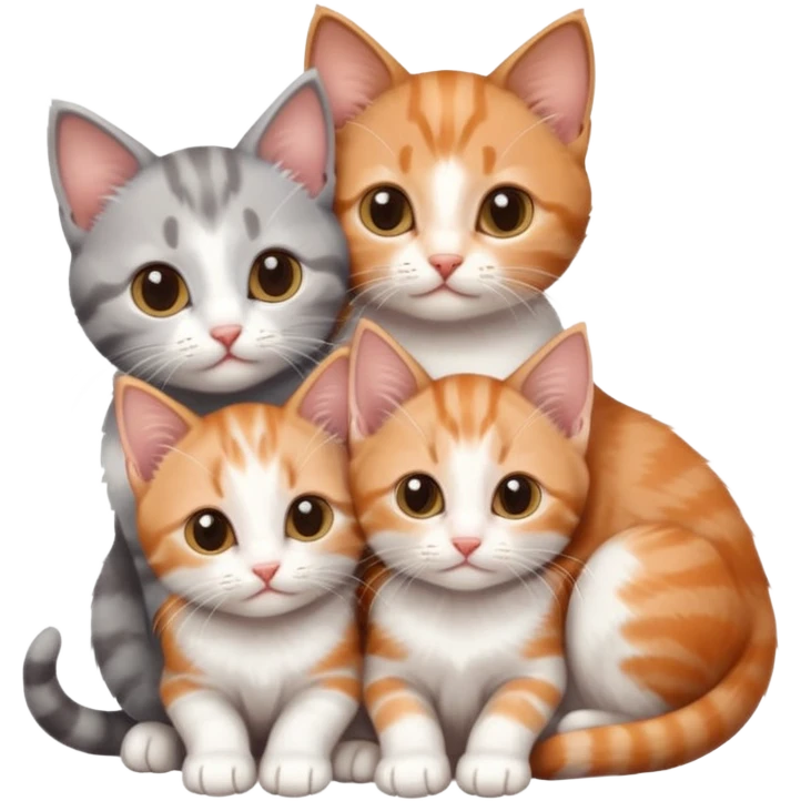 6 tiny kittens cuddling together all different colours, the first one is grey and white, the second is ginger and white and the third is brown tabby and white emoji