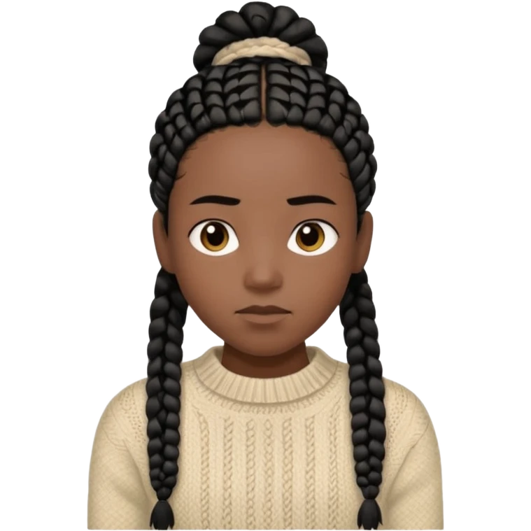 Her black skin glows warmly under the natural light, enhanced by the gentle textures of her knitted beige sweater and black hair in cornrows. her serene expression brings a quiet strength to the portrait.  emoji