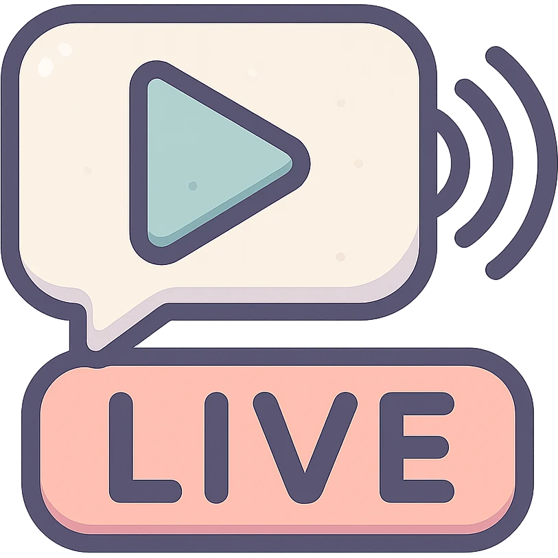 playful and modern icon for live stream, vector look with shadows and highlights, detailed shading, thin clean outlines, soft rounded features, pastel palette #98B5BC #B5B3C1 #C9A3C9 #E4C0CA #F7DCD1 #F7C0AA, Japanese pop art style, sticker look, highly detailed, transparent background emoji