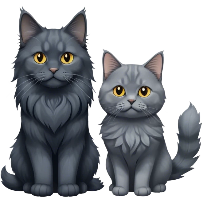 Portrait of a black smoke Maine Coon cat with long grey ear tufts, alongside a British Shorthair cat with a solid blue coat. Both cats with detailed fur textures and playful expressions. Soft, elegant background with warm, natural tones. Transparent background. emoji